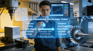 A 3D rendered image showing an engineer's hand interacting with a holographic decision dashboard, visually comparing traditional milling (warm tones, manual tools) with CNC milling (cool tones, digital precision) on a factory floor. Key metrics highlight a 20% cost saving and quality boost achievable with CNC.