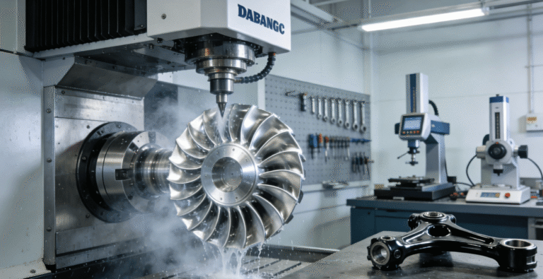 A 5-axis CNC machining center in operation, machining a complex aerospace component, with a finished automotive suspension knuckle in the foreground, demonstrating precision for high-demand industries.