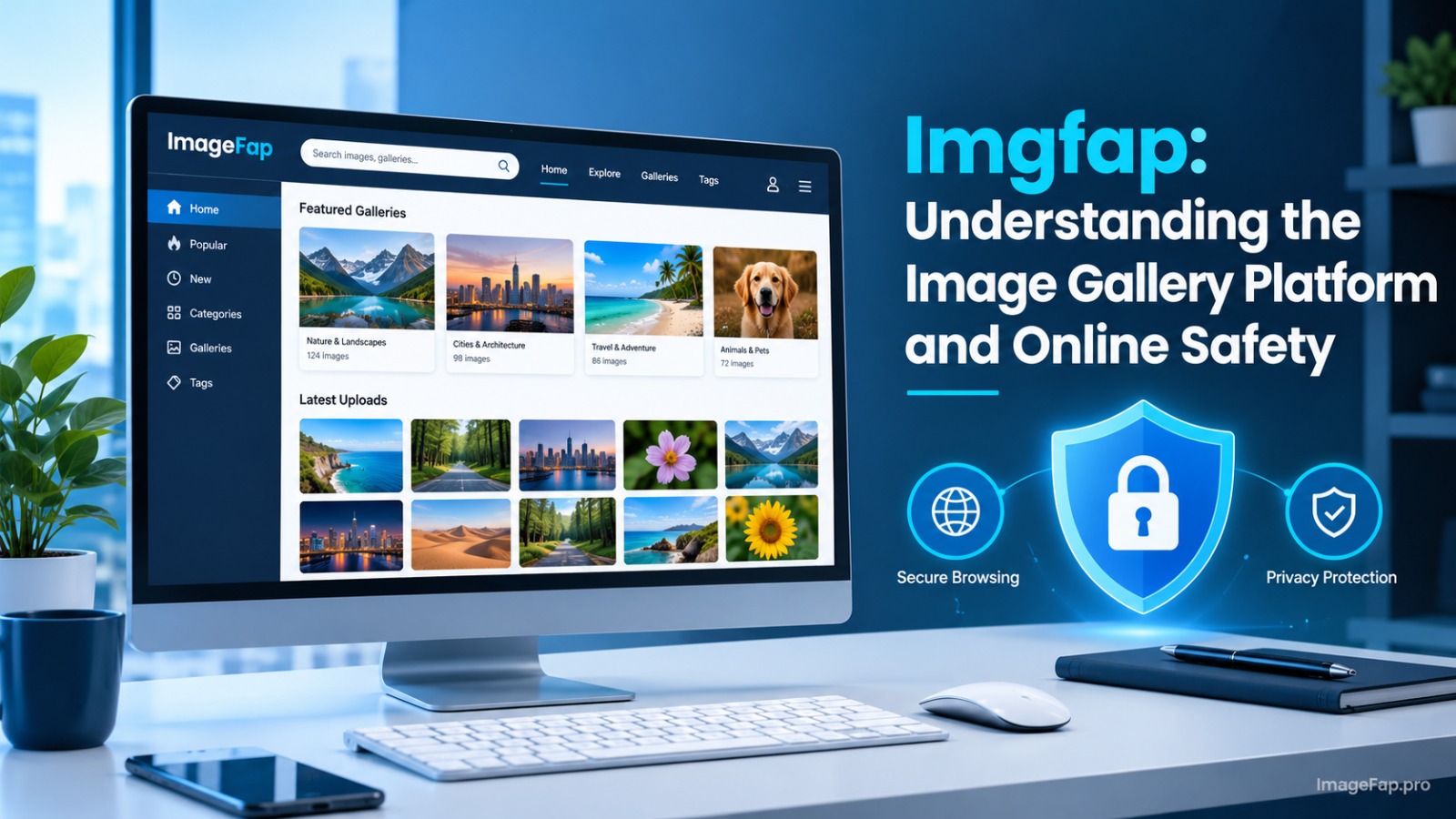 Imgfap image gallery platform illustration featuring organized image collections, a desktop interface, and online safety symbols